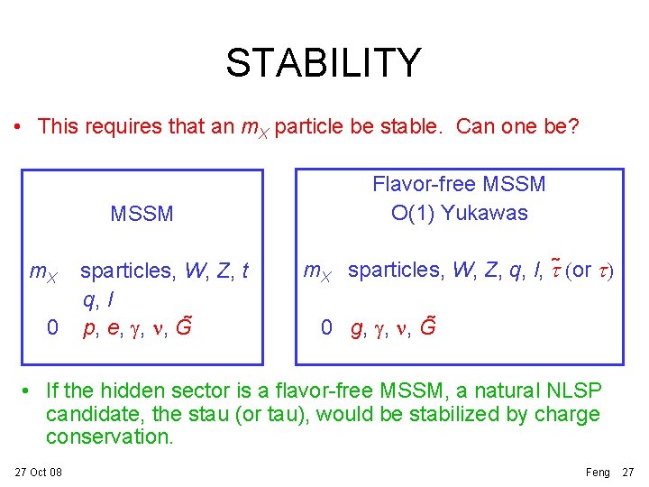 STABILITY • This requires that an m. X particle be stable. Can one be?