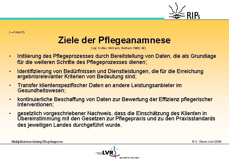 (→Folie 1/I) Ziele der Pflegeanamnese (vgl. Collier, Mc. Cash, Bartram 1998, 42) • Initiierung