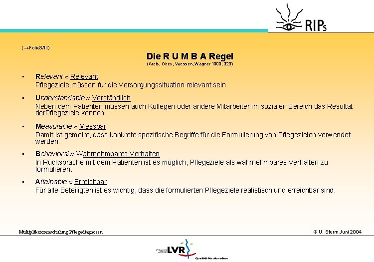 (→Folie 3/III) Die R U M B A Regel (Arets, Obex, Vaessen, Wagner 1999,