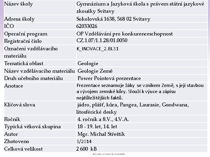 Název školy Gymnázium a Jazyková škola s právem státní jazykové zkoušky Svitavy Adresa školy