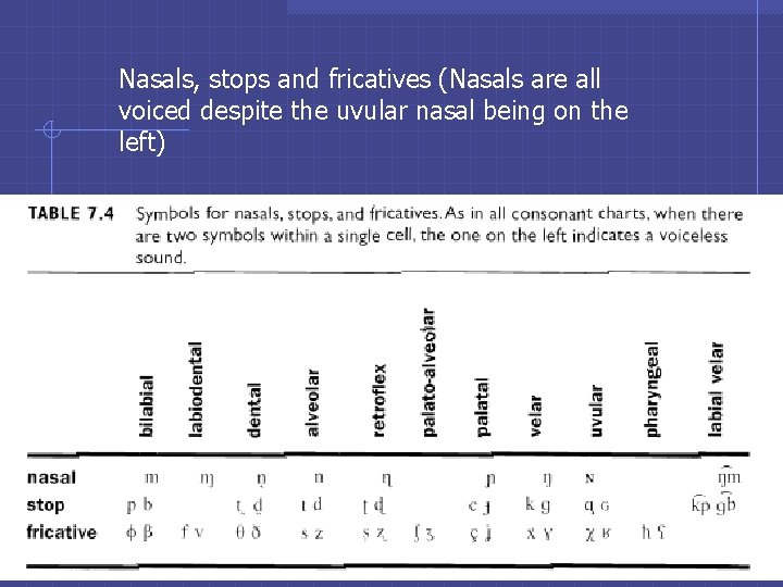 Nasals, stops and fricatives (Nasals are all voiced despite the uvular nasal being on Nasals, stops and fricatives (Nasals are all voiced despite the uvular nasal being on