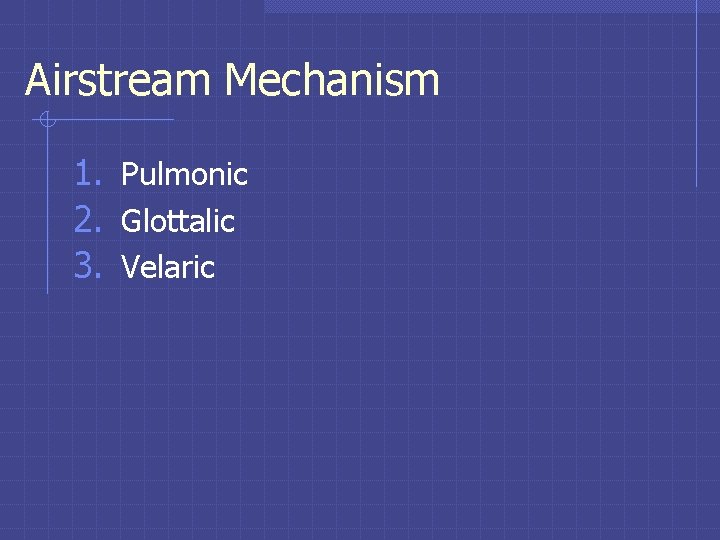 Airstream Mechanism 1. Pulmonic 2. Glottalic 3. Velaric Airstream Mechanism 1. Pulmonic 2. Glottalic 3. Velaric
