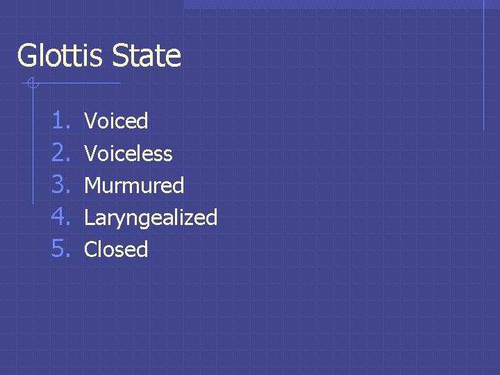 Glottis State 1. 2. 3. 4. 5. Voiced Voiceless Murmured Laryngealized Closed Glottis State 1. 2. 3. 4. 5. Voiced Voiceless Murmured Laryngealized Closed