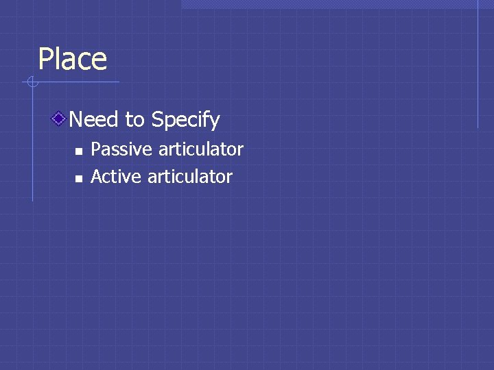 Place Need to Specify n n Passive articulator Active articulator Place Need to Specify n n Passive articulator Active articulator
