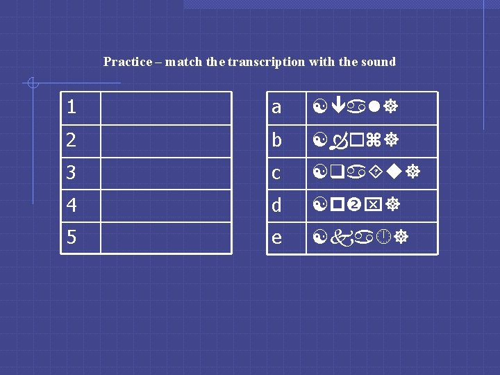 Practice – match the transcription with the sound 1 a [ al] 2 b