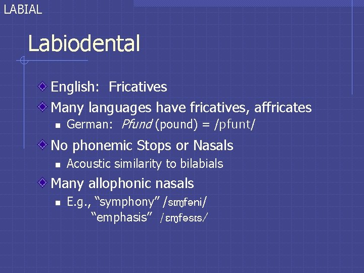 LABIAL Labiodental English: Fricatives Many languages have fricatives, affricates n German: Pfund (pound) = LABIAL Labiodental English: Fricatives Many languages have fricatives, affricates n German: Pfund (pound) =