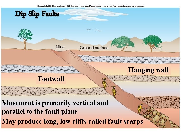Dip Slip Faults Hanging wall Footwall Movement is primarily vertical and parallel to the