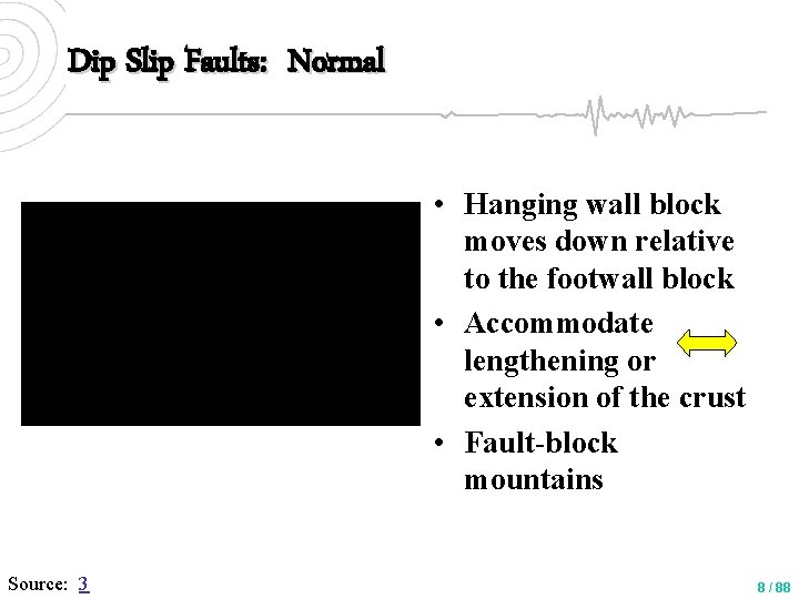 Dip Slip Faults: Normal • Hanging wall block moves down relative to the footwall