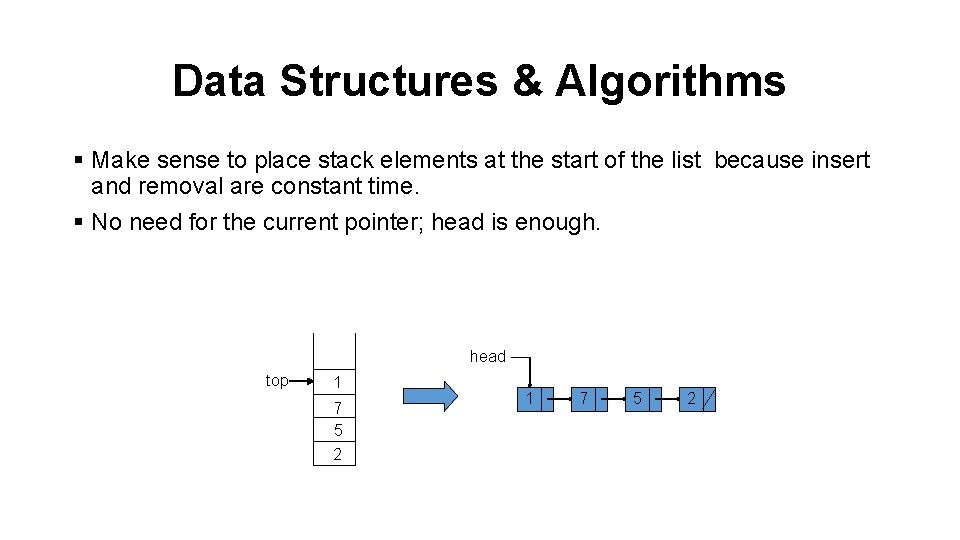 Data Structures & Algorithms § Make sense to place stack elements at the start