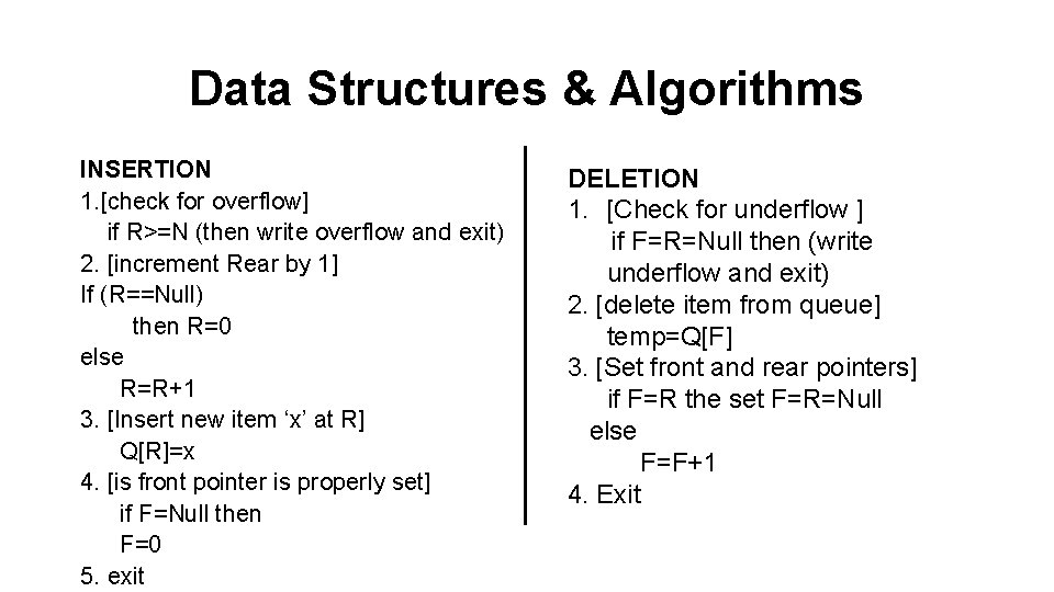 Data Structures & Algorithms INSERTION 1. [check for overflow] if R>=N (then write overflow