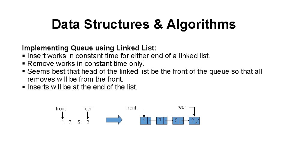 Data Structures & Algorithms Implementing Queue using Linked List: § Insert works in constant