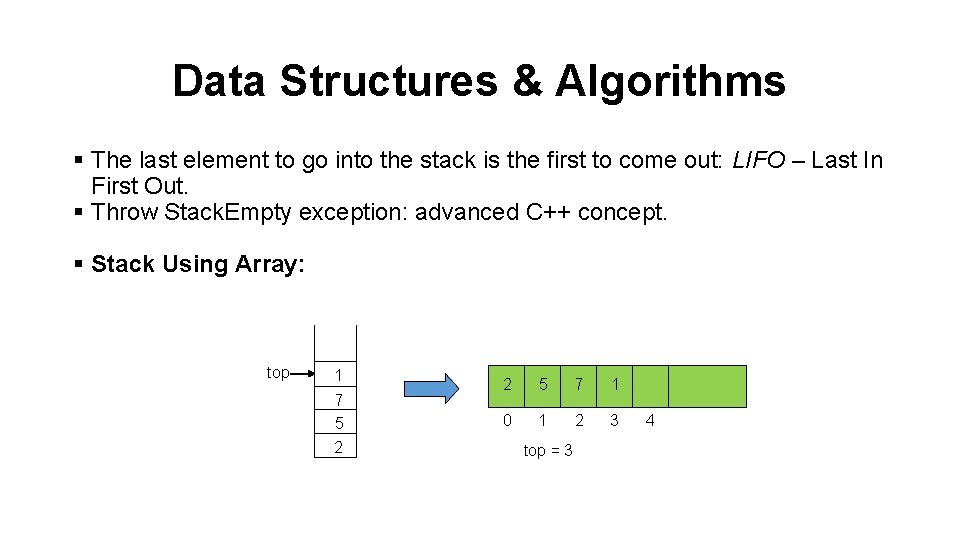 Data Structures & Algorithms § The last element to go into the stack is