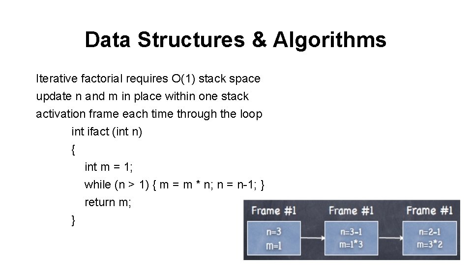 Data Structures & Algorithms Iterative factorial requires O(1) stack space update n and m