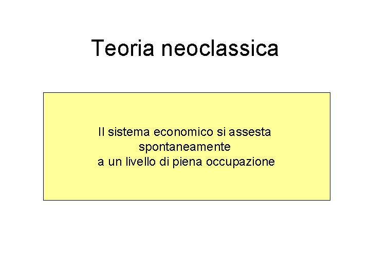 Teoria neoclassica Il sistema economico si assesta spontaneamente a un livello di piena occupazione