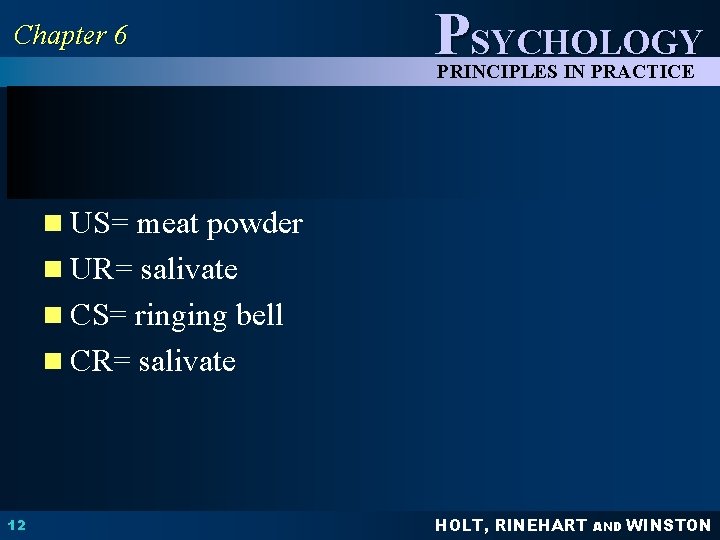 Chapter 6 PSYCHOLOGY PRINCIPLES IN PRACTICE n US= meat powder n UR= salivate n