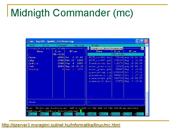 Midnigth Commander (mc) http: //szerver 3. moragimi. sulinet. hu/Informatika/linux/mc. html 