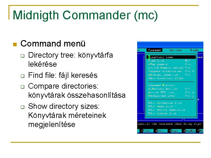 Midnigth Commander (mc) n Command menü q q Directory tree: könyvtárfa lekérése Find file: