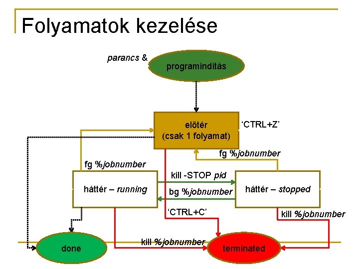 Folyamatok kezelése parancs & programindítás előtér (csak 1 folyamat) ‘CTRL+Z’ fg %jobnumber kill -STOP