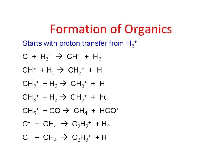Formation of Organics Starts with proton transfer from H 3+ C + H 3+