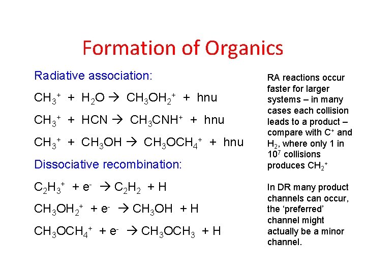 Formation of Organics Radiative association: CH 3+ + H 2 O CH 3 OH