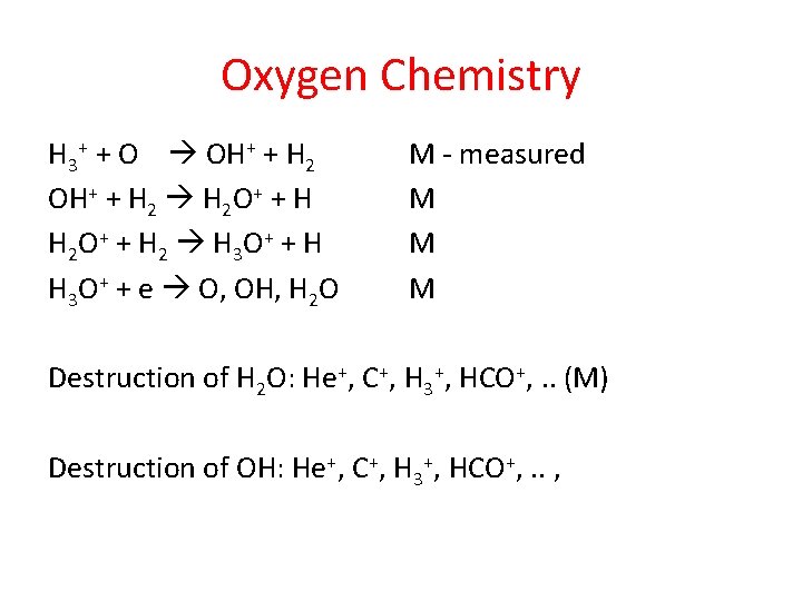 Oxygen Chemistry H 3+ + O OH+ + H 2 O+ + H H