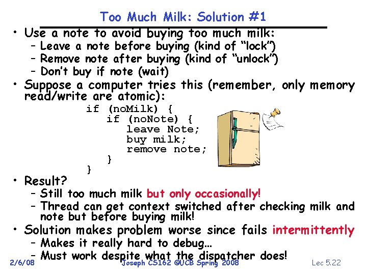 Too Much Milk: Solution #1 • Use a note to avoid buying too much
