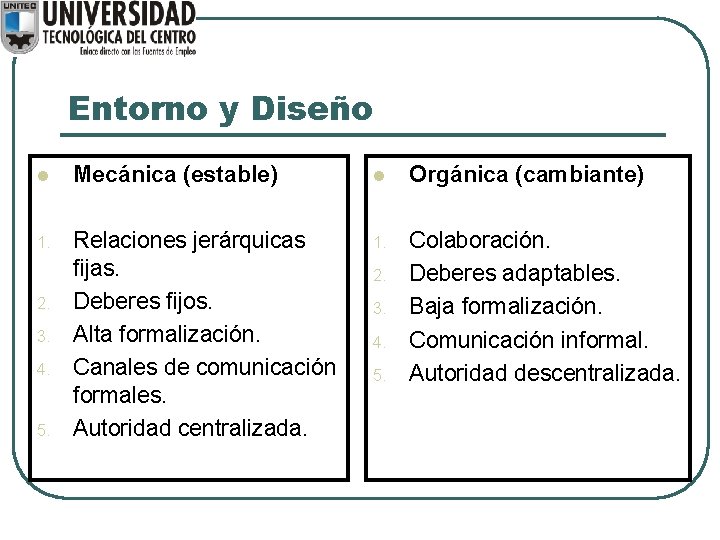 Entorno y Diseño l Mecánica (estable) l Orgánica (cambiante) 1. Relaciones jerárquicas fijas. Deberes Entorno y Diseño l Mecánica (estable) l Orgánica (cambiante) 1. Relaciones jerárquicas fijas. Deberes
