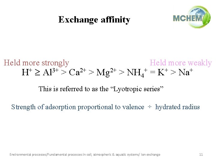 Exchange affinity Held more strongly Held more weakly H+ Al 3+ > Ca 2+
