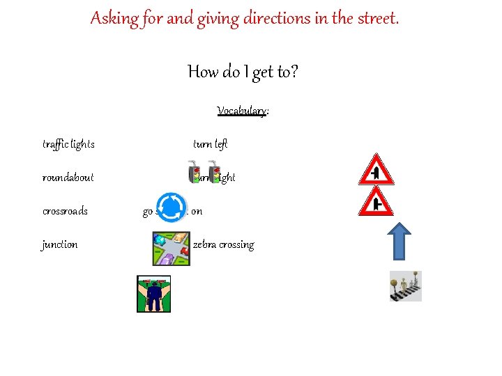 Asking for and giving directions in the street. How do I get to? Vocabulary: