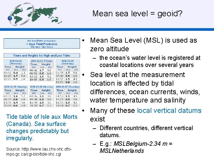 Mean sea level = geoid? • Mean Sea Level (MSL) is used as zero