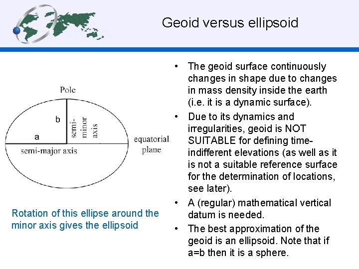 Geoid versus ellipsoid Rotation of this ellipse around the minor axis gives the ellipsoid
