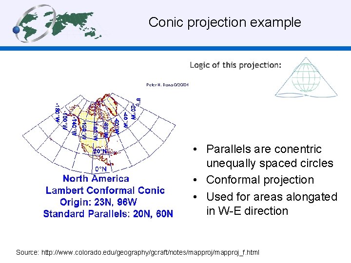 Conic projection example • Parallels are conentric unequally spaced circles • Conformal projection •