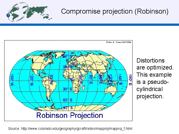 Compromise projection (Robinson) Distortions are optimized. This example is a pseudocylindrical projection. Source: http: