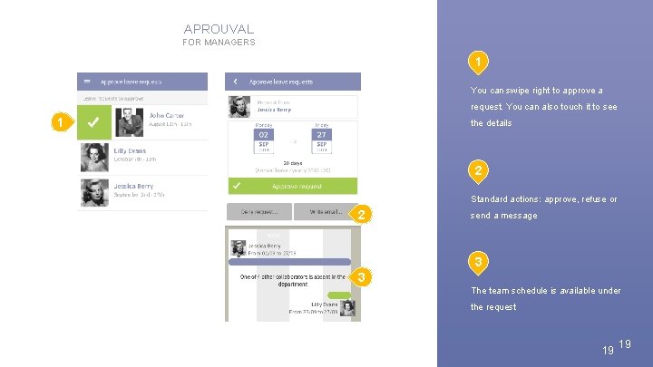 APROUVAL FOR MANAGERS 1 You can swipe right to approve a request. You can