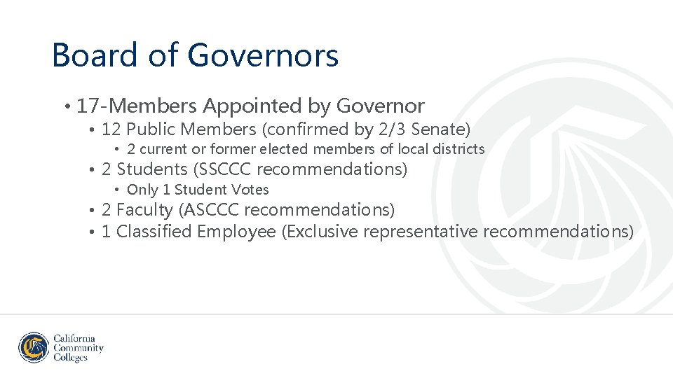 Board of Governors • 17 -Members Appointed by Governor • 12 Public Members (confirmed