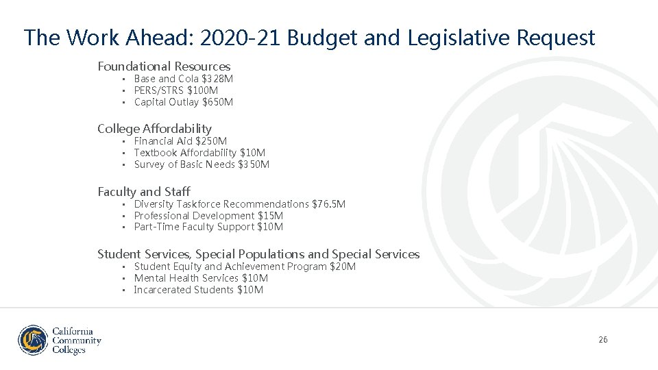 The Work Ahead: 2020 -21 Budget and Legislative Request Foundational Resources • Base and