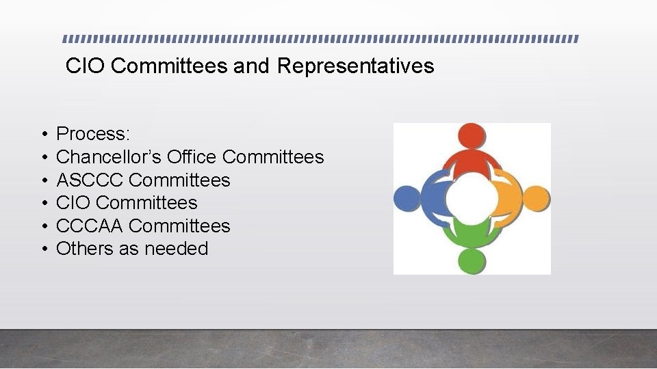 CIO Committees and Representatives • • • Process: Chancellor’s Office Committees ASCCC Committees CIO