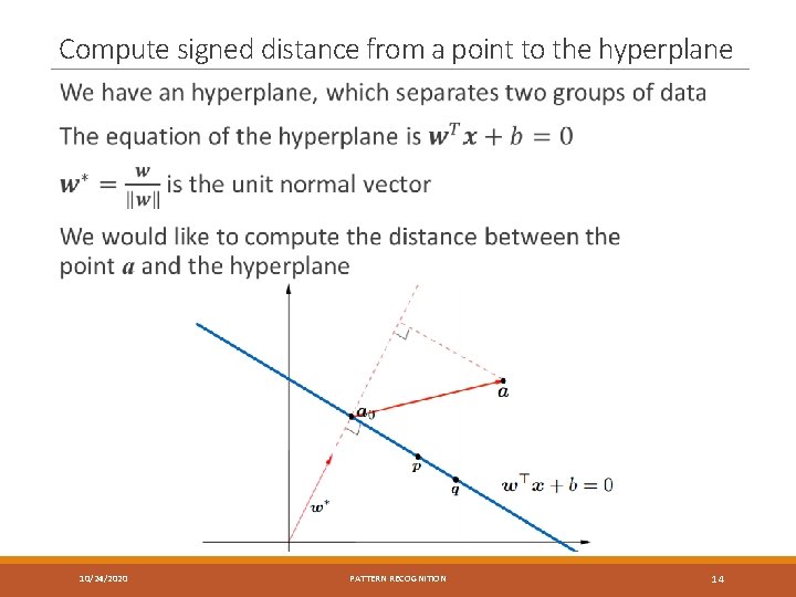 Compute signed distance from a point to the hyperplane 10/24/2020 PATTERN RECOGNITION 14 