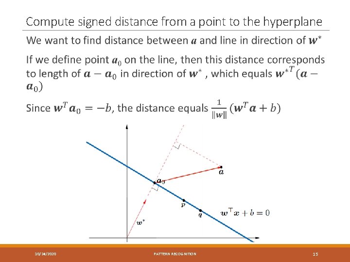 Compute signed distance from a point to the hyperplane 10/24/2020 PATTERN RECOGNITION 15 