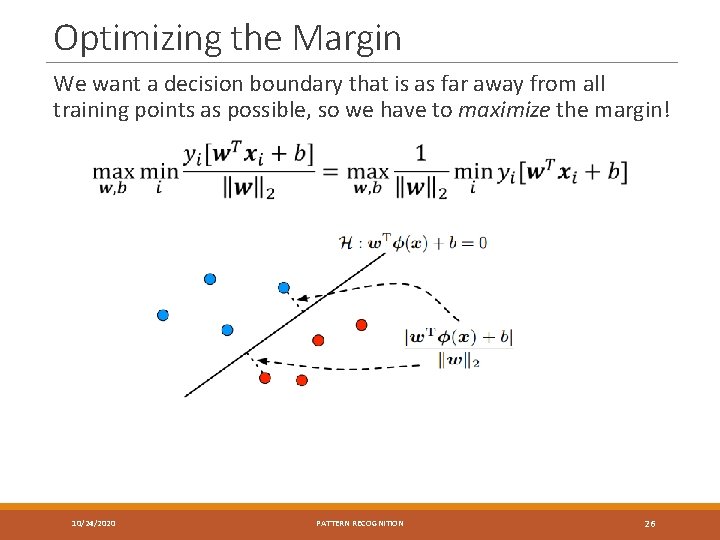 Optimizing the Margin We want a decision boundary that is as far away from