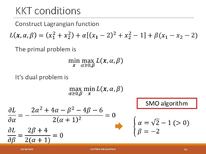 KKT conditions Construct Lagrangian function The primal problem is It’s dual problem is SMO