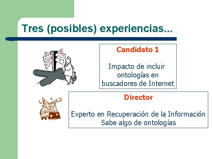 Tres (posibles) experiencias. . . Candidato 1 Impacto de incluir ontologías en buscadores de