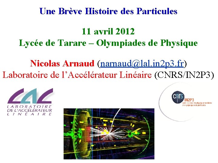 Une Brève Histoire des Particules 11 avril 2012 Lycée de Tarare – Olympiades de