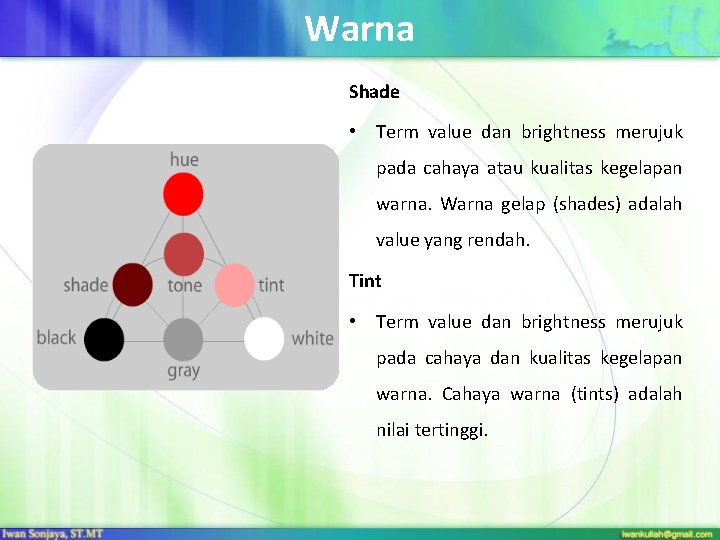 Warna Shade • Term value dan brightness merujuk pada cahaya atau kualitas kegelapan warna.