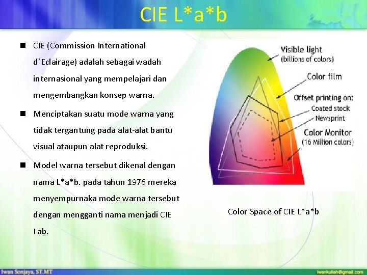 CIE L*a*b n CIE (Commission International d`Eclairage) adalah sebagai wadah internasional yang mempelajari dan