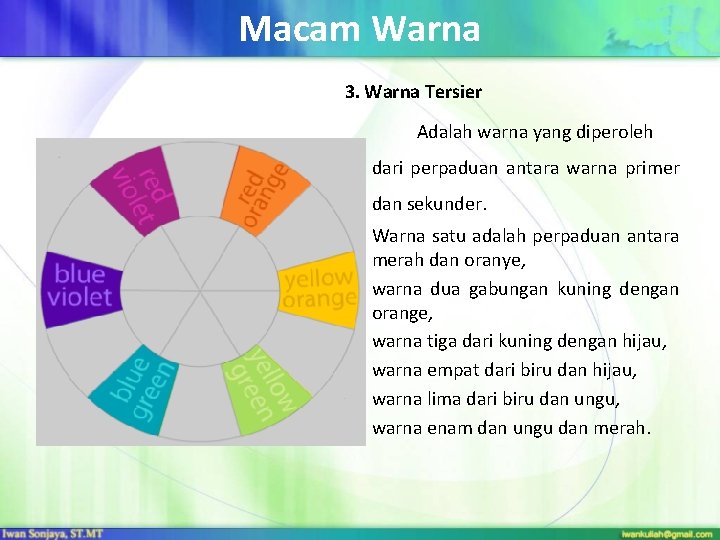 Macam Warna 3. Warna Tersier Adalah warna yang diperoleh dari perpaduan antara warna primer