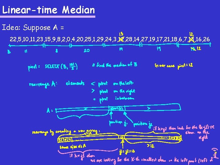 Linear-time Median Idea: Suppose A = 22, 5, 10, 11, 23, 15, 9, 8,