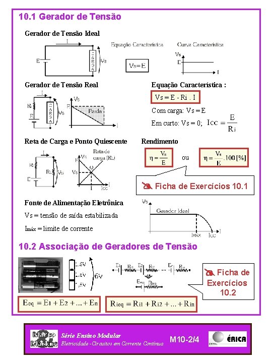 10. 1 Gerador de Tensão Ideal Gerador de Tensão Real Equação Característica : VS