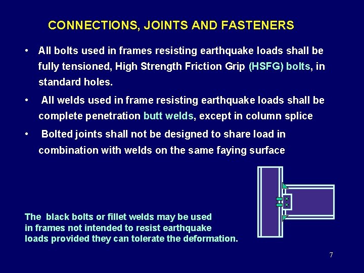 CONNECTIONS, JOINTS AND FASTENERS • All bolts used in frames resisting earthquake loads shall