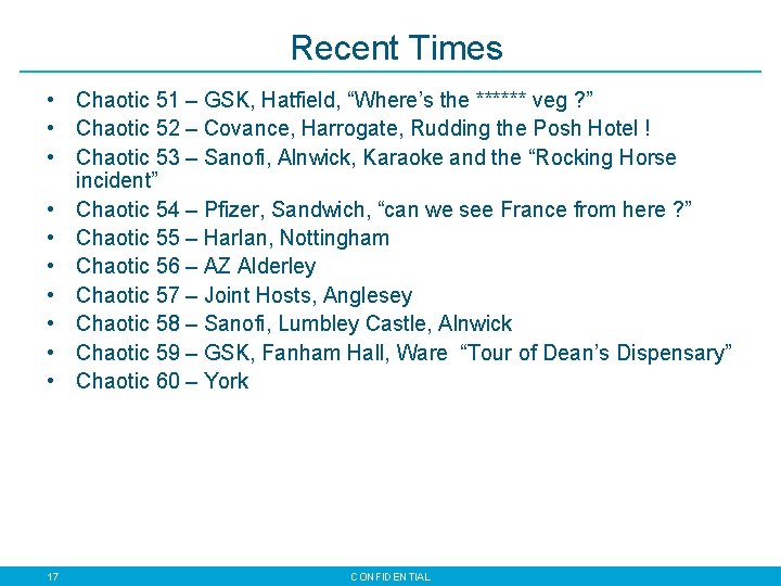 Recent Times • Chaotic 51 – GSK, Hatfield, “Where’s the ****** veg ? ”